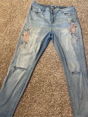 Refuge Women’s 16 Light Blue Women's Embroidered Floral Distressed Skinny Jeans